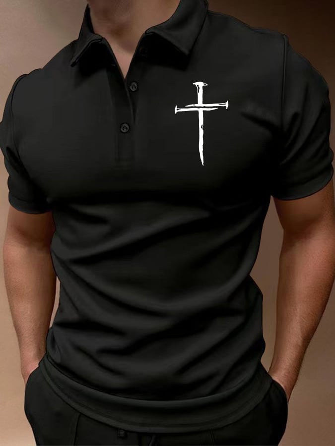 Men's Casual Cross Print Button Collar Polo Top