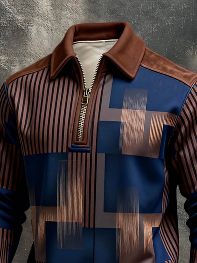 Men's Retro Color Block Print Color-Blocked Zip-Up Sweatshirt