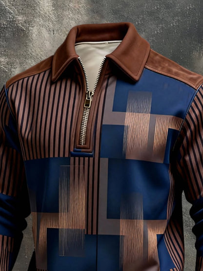 Men's Retro Color Block Print Color-Blocked Zip-Up Sweatshirt
