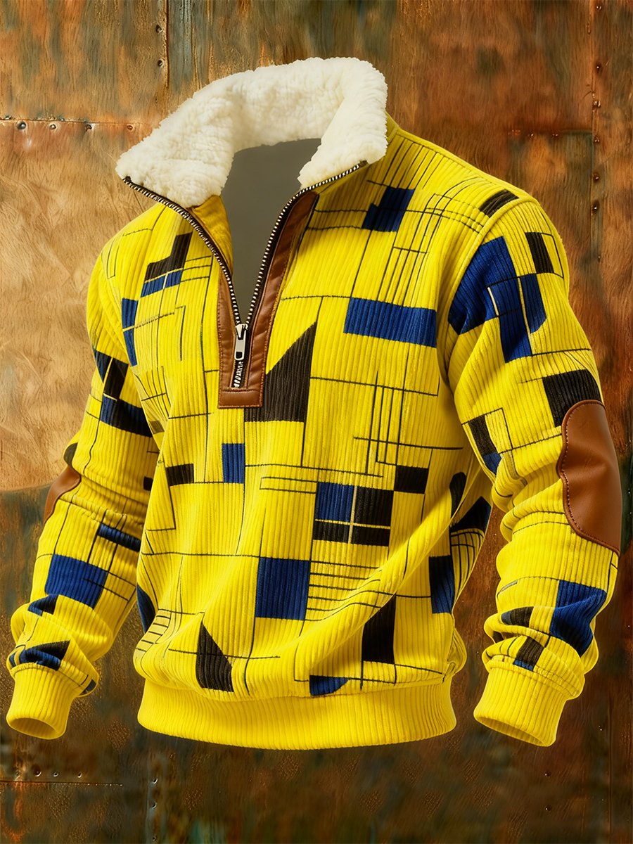 Men's Retro Geometric Quarter Zip Fleece Neck Sweatshirt