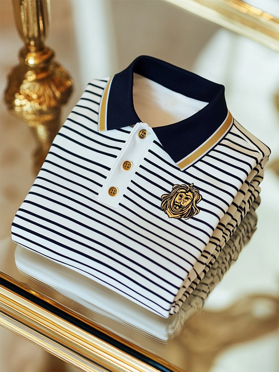 Men's Business Casual Striped Button Short Sleeve Polo Shirt