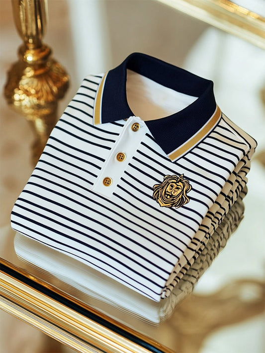 Men's Business Casual Striped Button Short Sleeve Polo Shirt