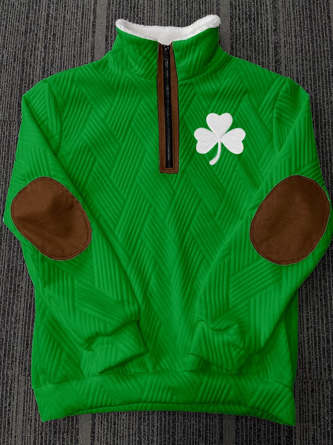 Men's St. Patrick's Clover Jacquard Fabric Zipper Fur Collar Long-Sleeved Sweatshirt