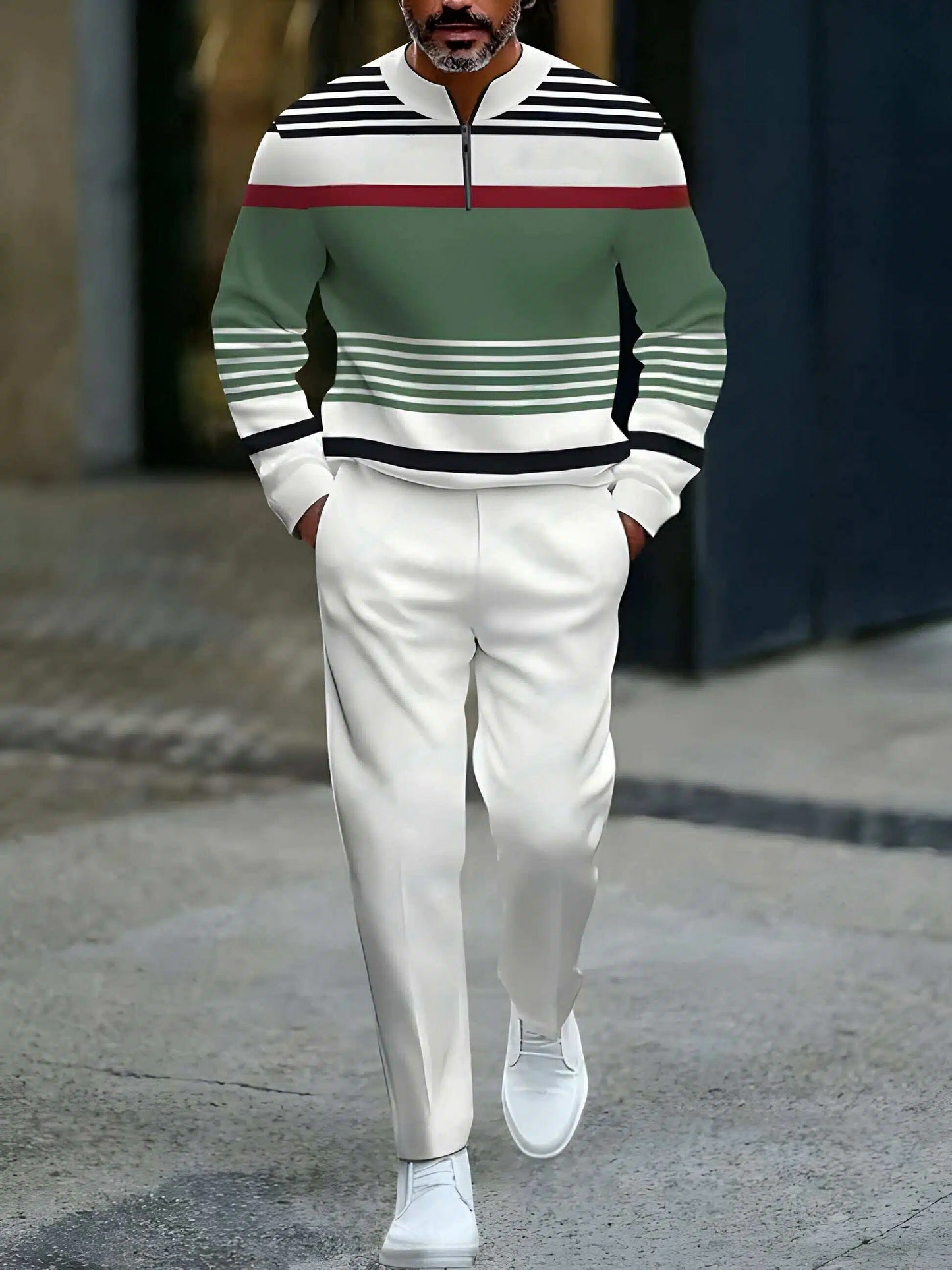 Men's Casual Green & White Color Matching Striped Printed Round-Neck Zipper Long Sleeved Tops & Trousers Two-Piece Set