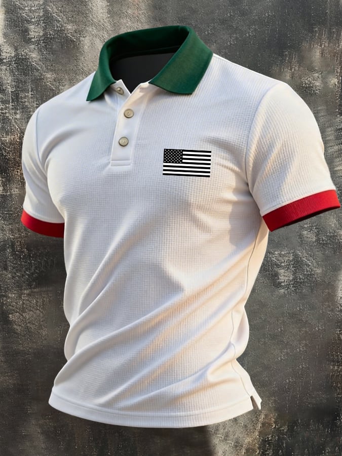 Men'S Retro "Patriot" Color-Block Waffle-Knit Short-Sleeve Polo Shirt