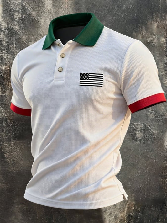 Men'S Retro "Patriot" Color-Block Waffle-Knit Short-Sleeve Polo Shirt