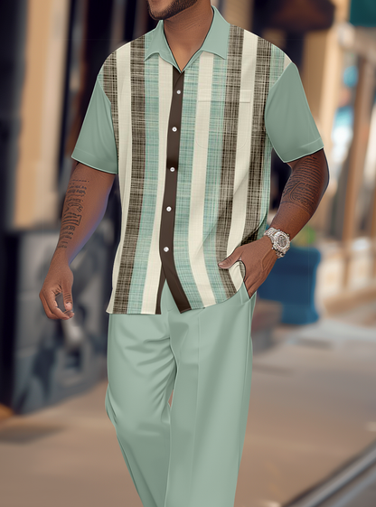 Men's Gradient Color Block Short Sleeve Shirt Walking Suit 1144