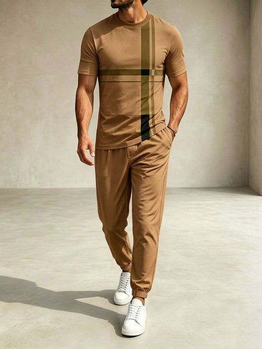 Men's Casual Brown Color Matching Geometric Printed Round Neck T-Shirt & Pants Two-Piece Set