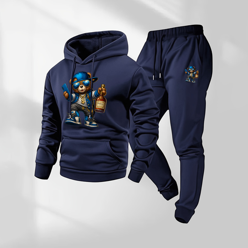 Men's Cartoon Bear Patterned Hoodie And Drawstring Track Pants Set, Men's Casual Athletic Long-Sleeved Hooded Jacket And Pants, Suitable For Fall And Winter, Street Style Hoodie Set, Men's Everyday Wear, Indoor And Outdoor Sportswear,