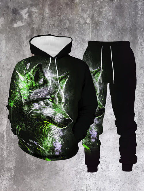 Men's Casual "The Wolf" Printed Hoodies Long Sleeved Sweatshirts & Sweatpants Two-Piece Set