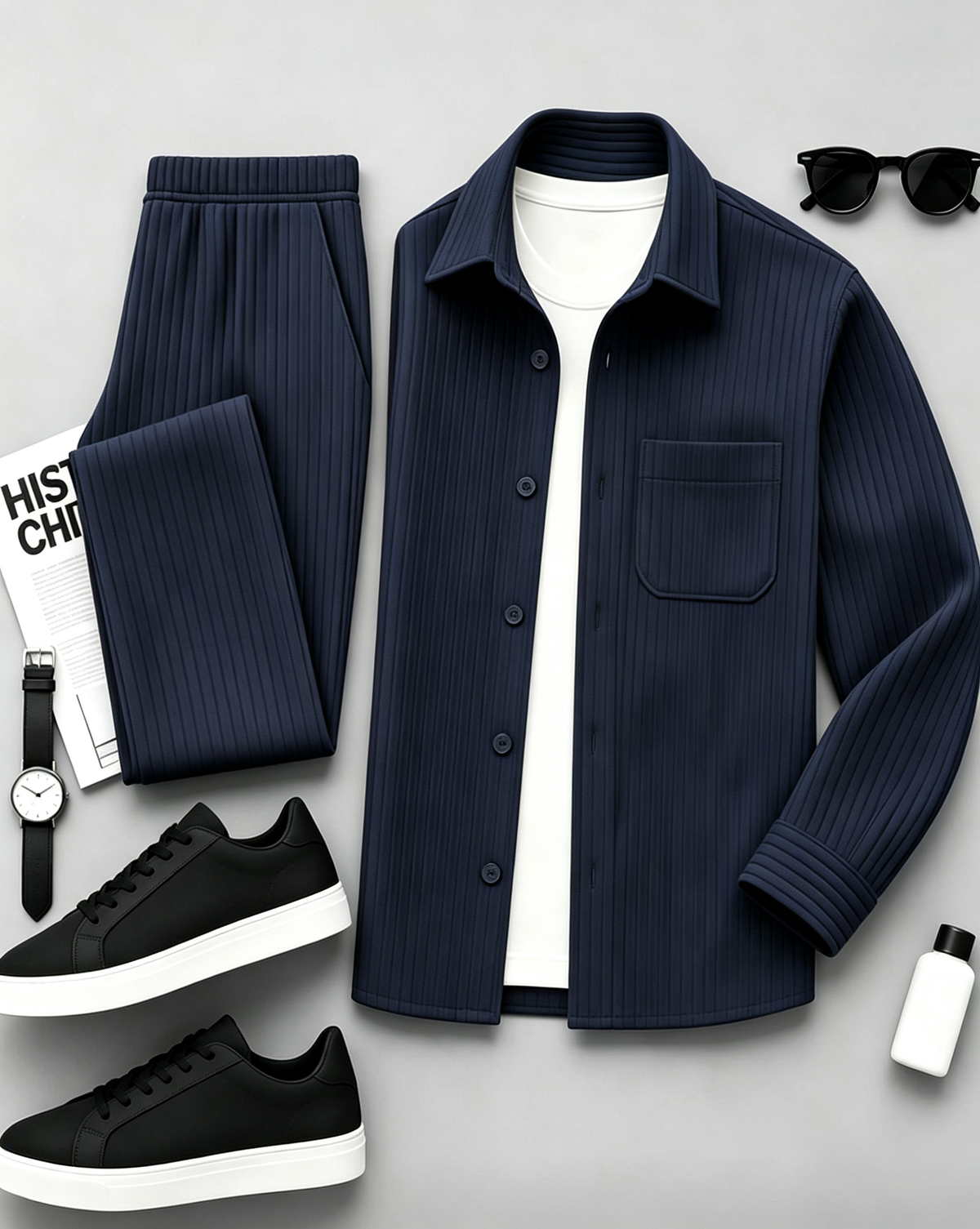Men's Long-Sleeve Shirt and Pants Set with Subtle Patterns