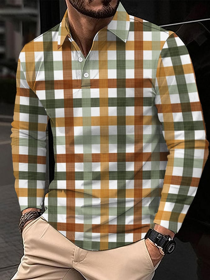 Men's Business Style Printed Long Sleeve Polo