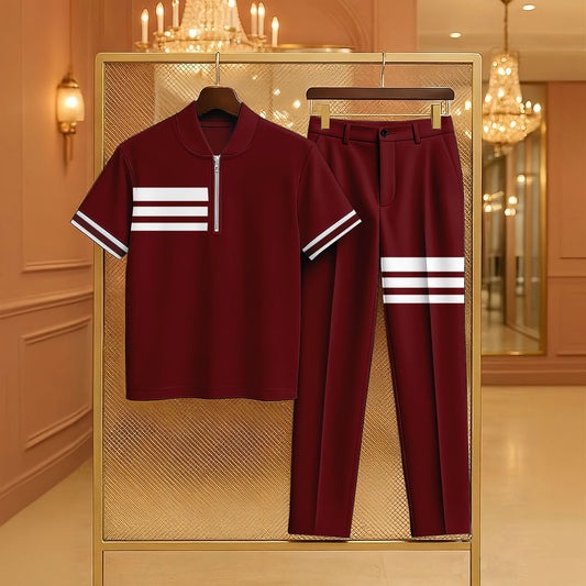 Men's Casual Maroon Color Matching Striped Printed Zipper Short Sleeved Polo Shirt & Trousers Two-Piece Set
