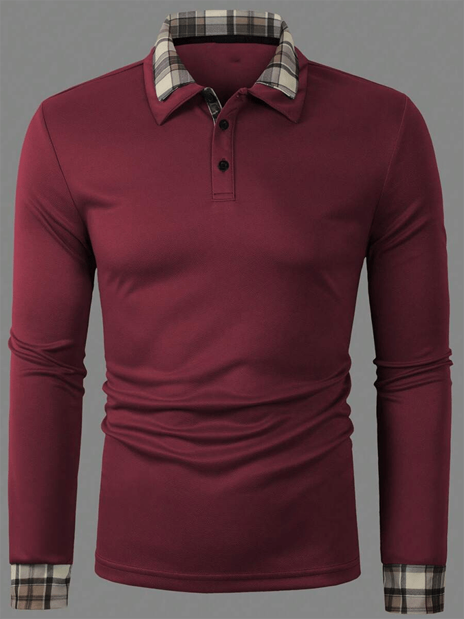 Men's Plaid Business Casual Long Sleeve Polo Shirt