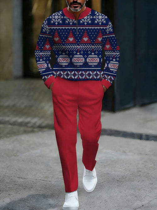 Men's Casual Navy & Red Color Matching Christmas Printed Round-Neck Zipper Long Sleeved Sweatshirt & Trousers Two-Piece Set