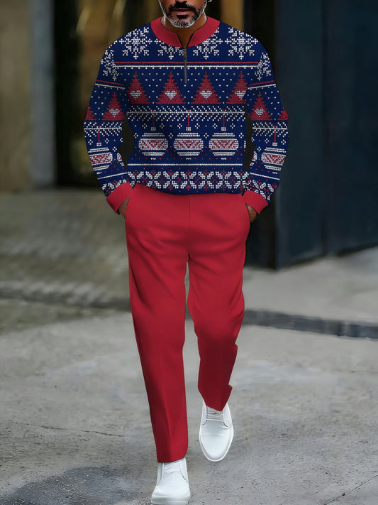 Men's Casual Navy & Red Color Matching Christmas Printed Round-Neck Zipper Long Sleeved Sweatshirt & Trousers Two-Piece Set