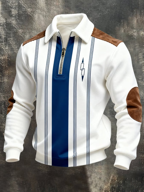 Men's Retro Color Block Print Zipper Sweatshirt