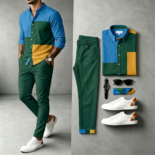 Men's Two-Tone Long-Sleeve Shirt and Pants Set