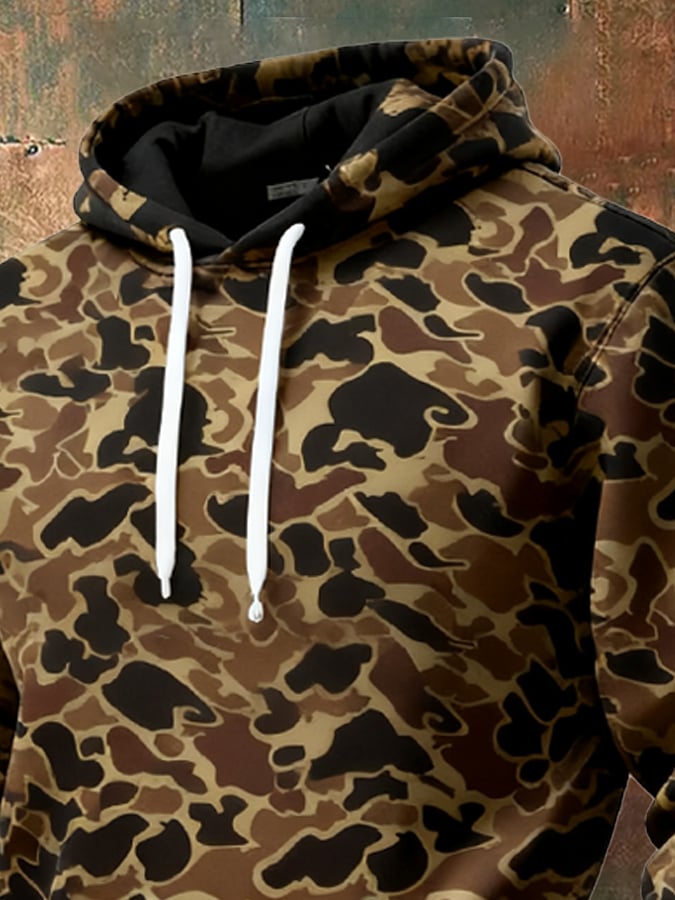 Men's Retro Distressed Color Block Camouflage Print Casual Long Sleeve Sweatshirt