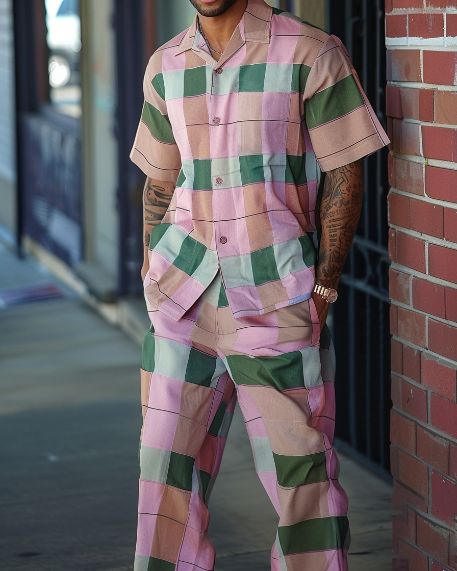 Men's Textured Short Sleeve Printed Two-Piece Walking Pants Set