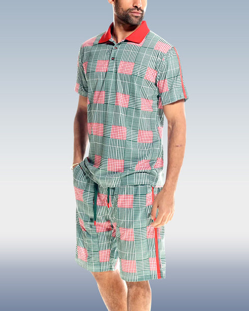 Men's Plaid POLO Shirt 2 Piece Shorts Set