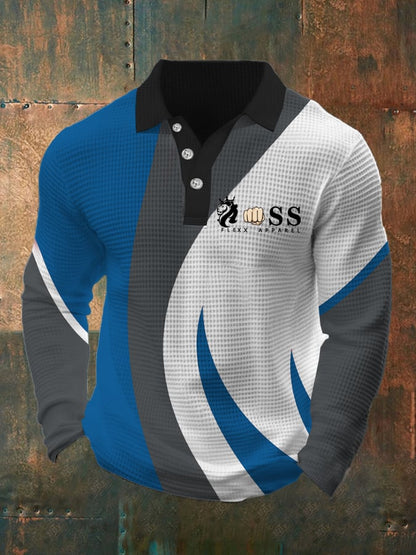 Men's Retro Letter Design Waffle Fabric Long Sleeve Polo Shirt