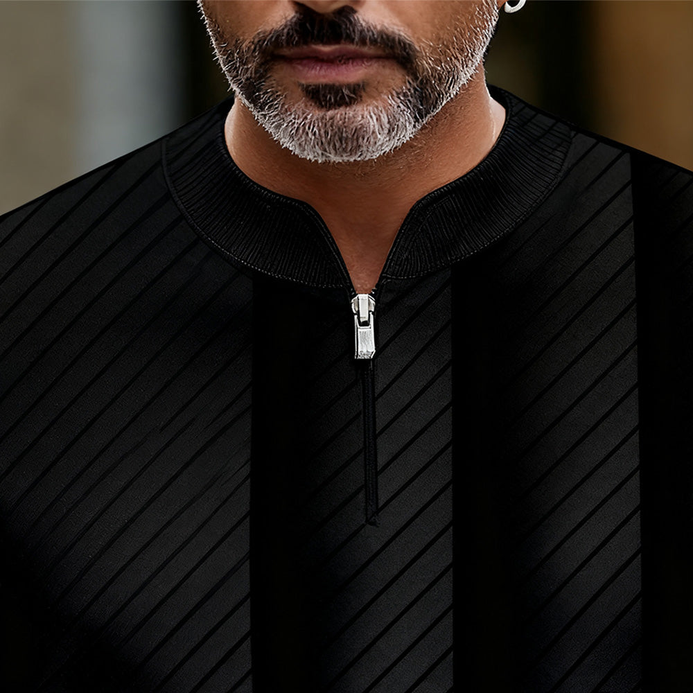 Men's Casual Color Matching Printed Round-Neck Zipper Long Sleeved Trousers Two-Piece Set