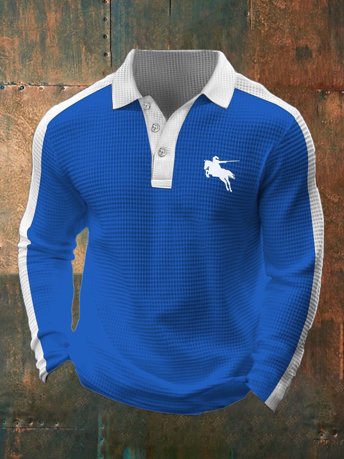 Men's Business Casual Waffle Fabric Long Sleeve Polo Shirt