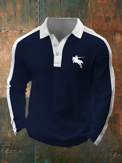 Men's Business Casual Waffle Fabric Long Sleeve Polo Shirt