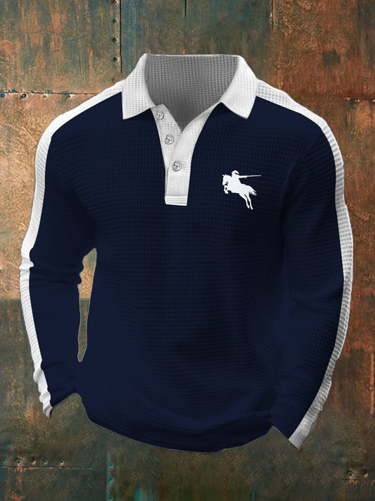Men's Business Casual Waffle Fabric Long Sleeve Polo Shirt