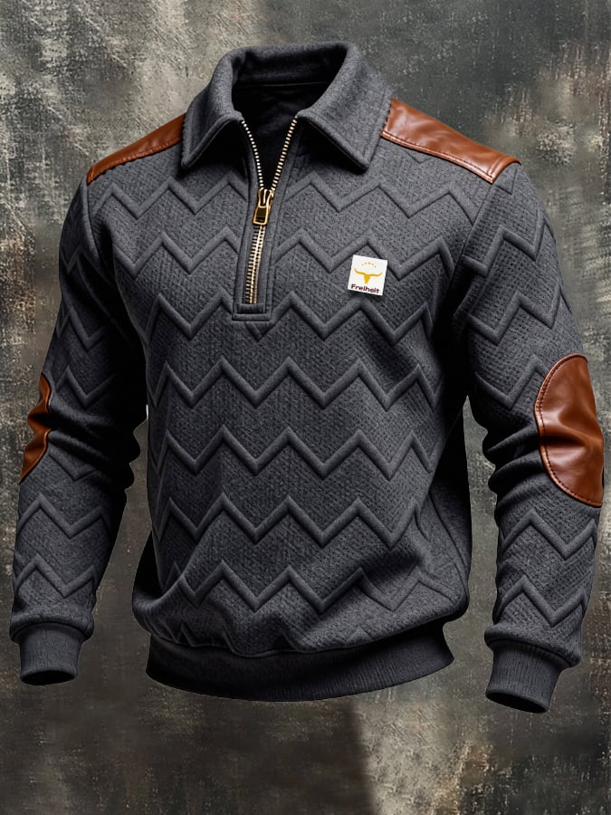 Men's Retro Jacquard Textured Patchwork Comfortable Color-Blocked Zip-Up Sweatshirt