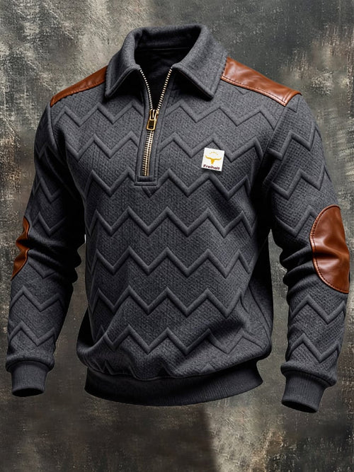 Men's Retro Jacquard Textured Patchwork Comfortable Color-Blocked Zip-Up Sweatshirt