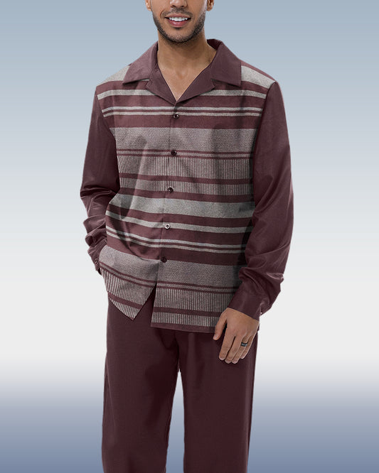 Suitmens Line Print Casual Long Sleeve Shirt Walking Suit 001