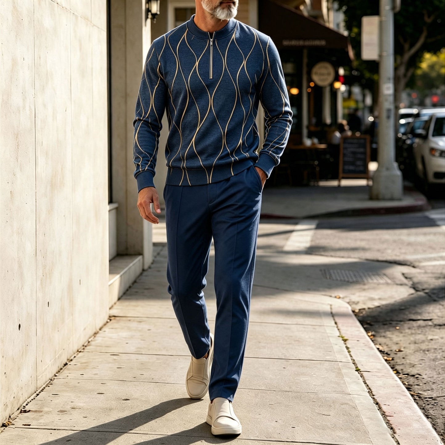 Men's Blue Crew-Neck Zipper Long-Sleeve Shirt and Pants Set
