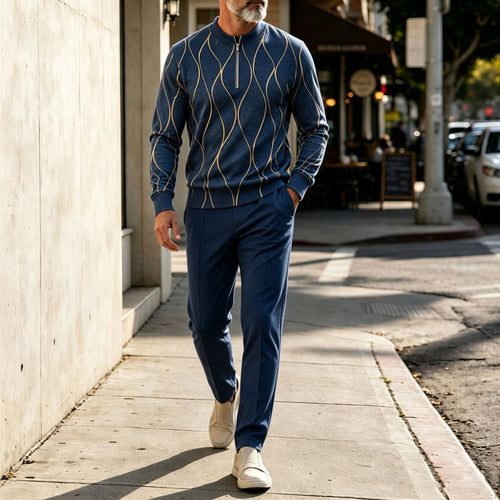 Men's Blue Crew-Neck Zipper Long-Sleeve Shirt and Pants Set
