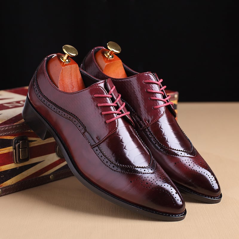 Men's Business Casual Pointed Toe Patchwork Lace Up Oxfords Faux Leather Brogues Shoes