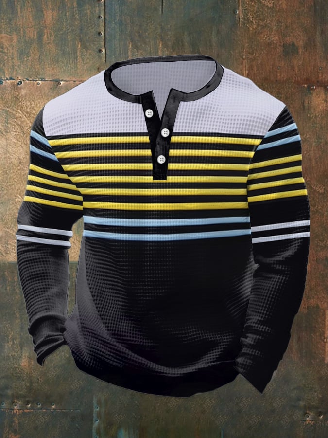 Men's Vintage Waffle Color Patch Henley Neck T-Shirt
