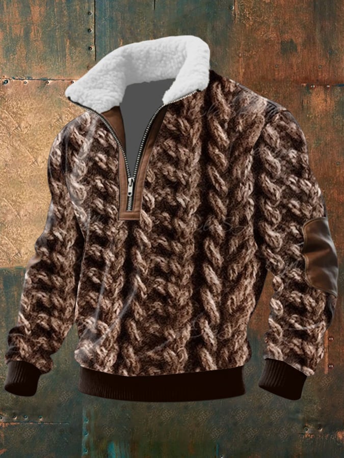 Men's Retro Print Half Zip Lapel Sweatshirt