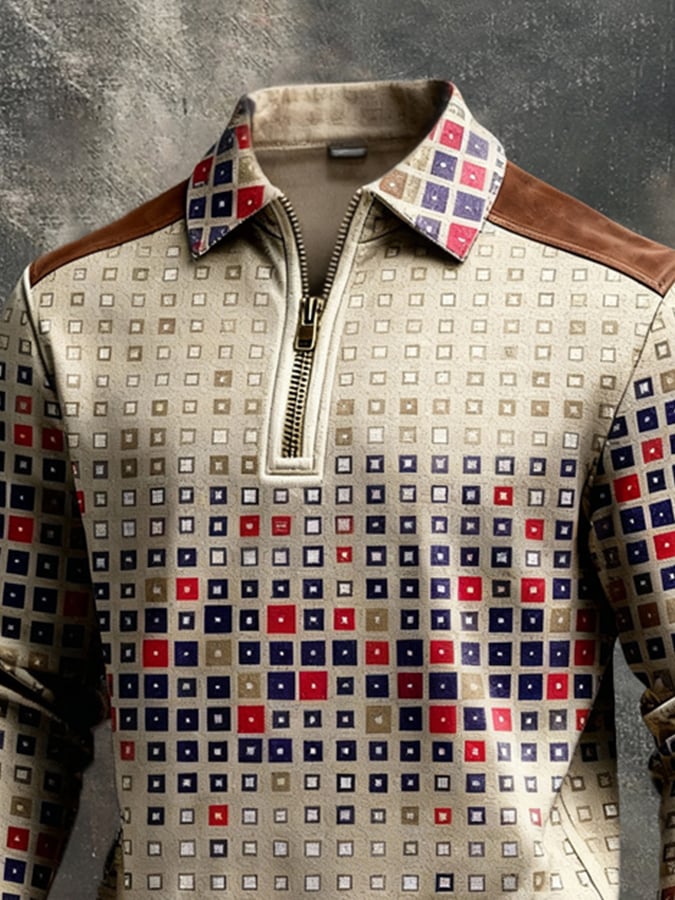 Men's Retro Color Block Print Color-Blocked Zip-Up Sweatshirt