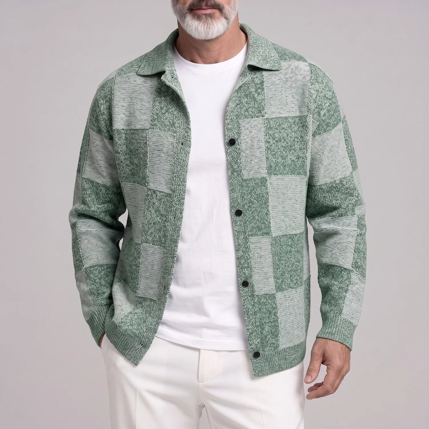 Men's Fashion Plaid Pattern Two-Tone Single Breasted Knitted Cardigan