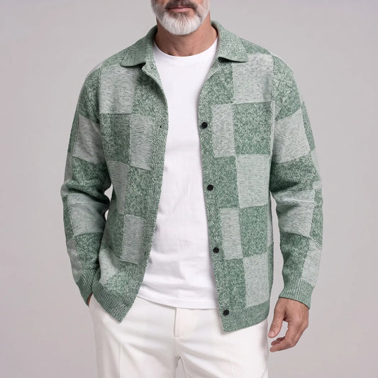 Men's Fashion Plaid Pattern Two-Tone Single Breasted Knitted Cardigan