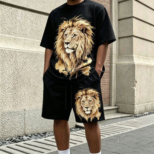 Men's Casual Lion-Print Round-Neck Short-Sleeve T-Shirt and Shorts Two-Piece Set