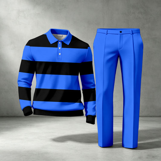 Men's Striped Long-Sleeve Polo Shirt and Pants Two-Piece Set