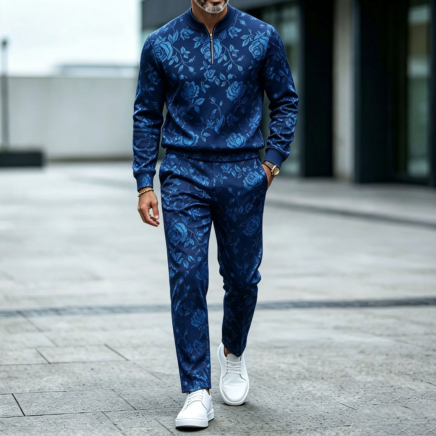 Men's Blue Crew-Neck Zipper Long-Sleeve Shirt and Pants Set