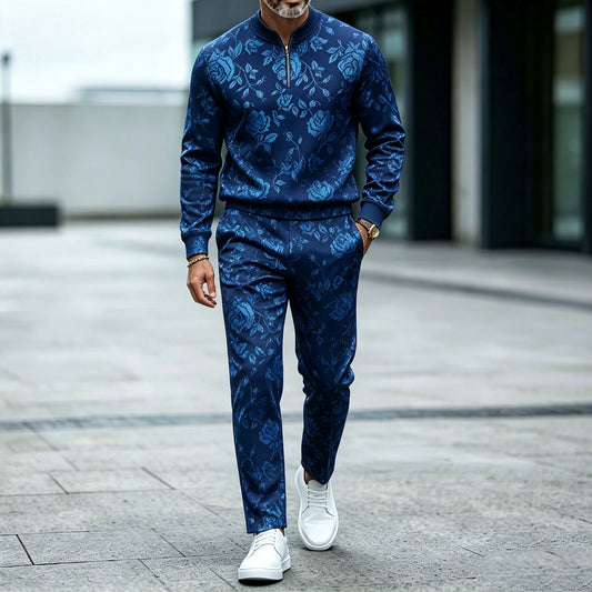 Men's Blue Crew-Neck Zipper Long-Sleeve Shirt and Pants Set