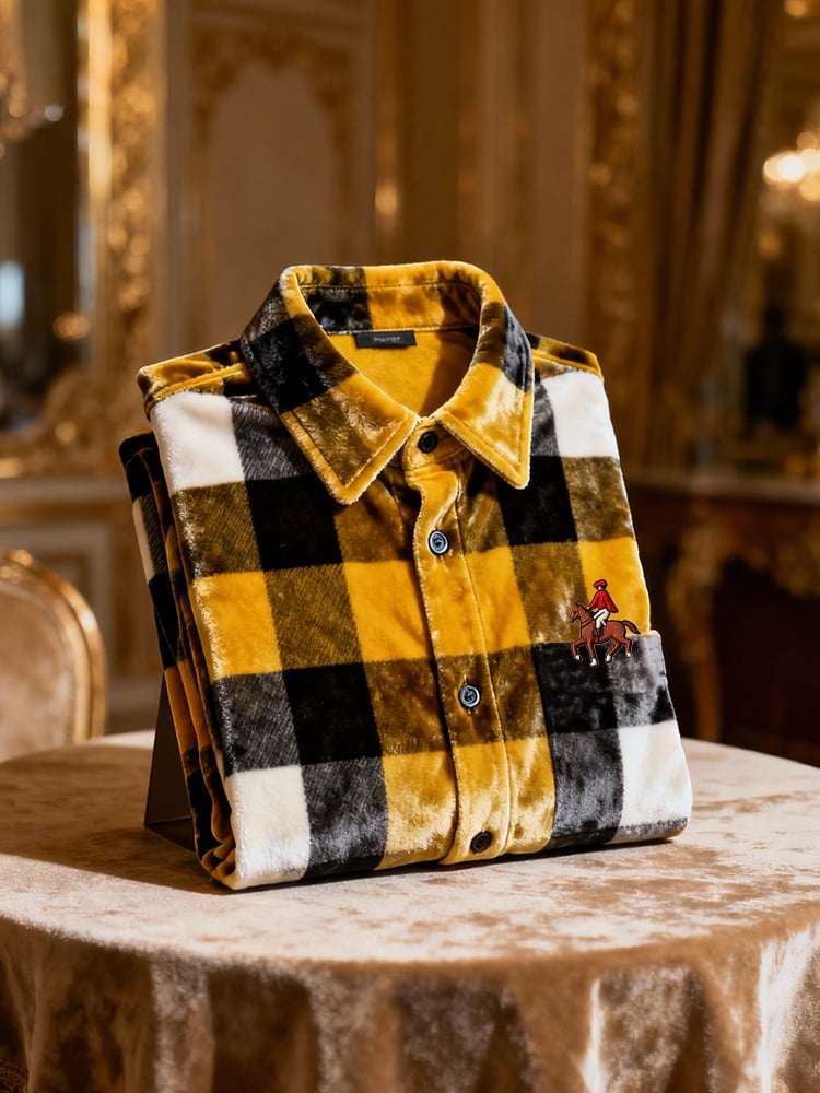 Men's Velvet Logo Casual Plaid Long Sleeve Shirt