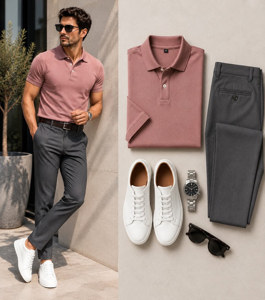 Men's Casual Pink Color Polo Shirt & Pants Two-Piece Set