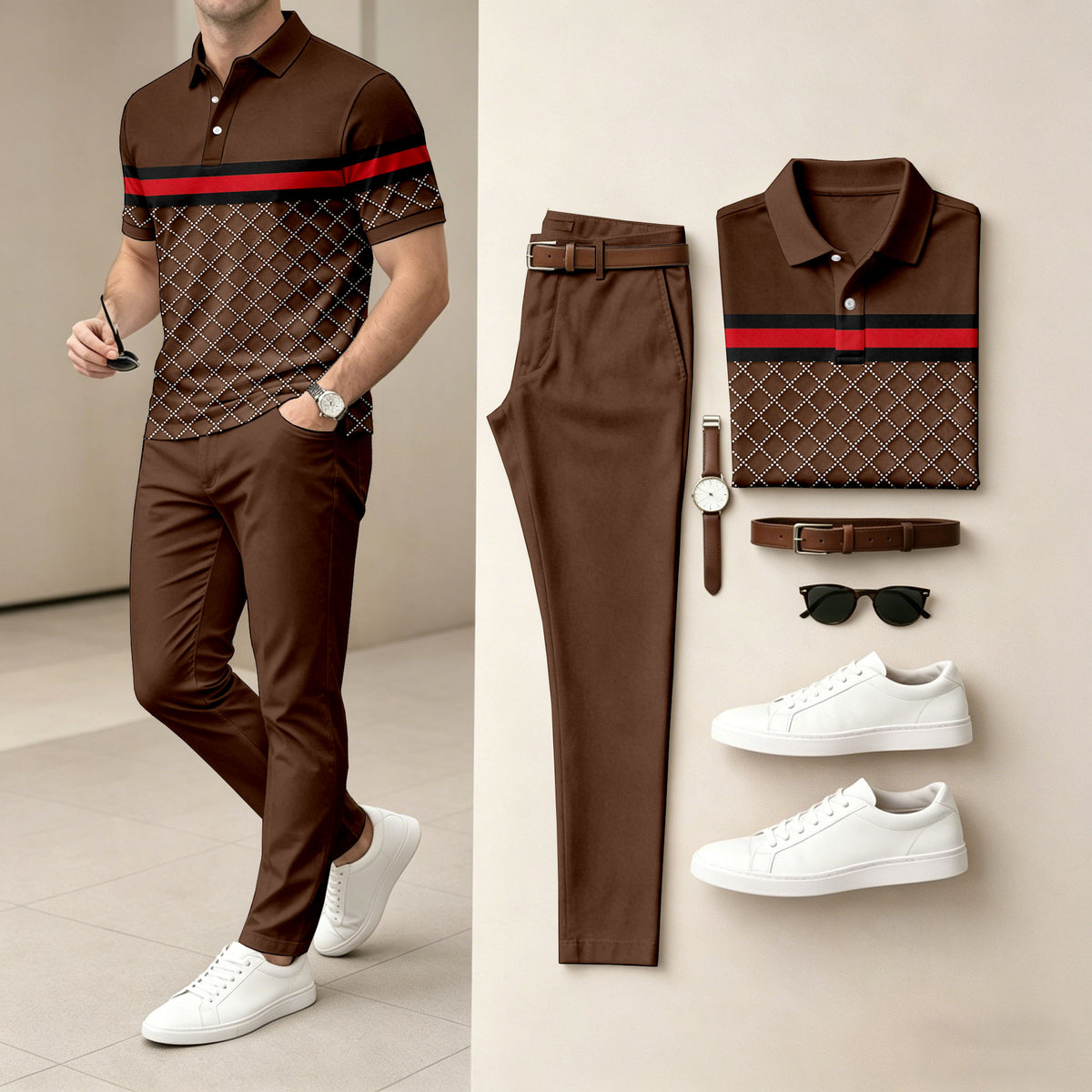 Men's Diamond-Patterned Short-Sleeve Polo Shirt and Pants Set