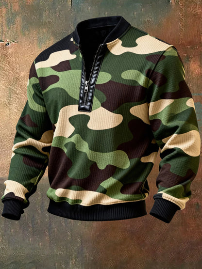 Men'S Casual Retro Contrast Color Half Zip Stand Collar Long Sleeve Sweatshirt