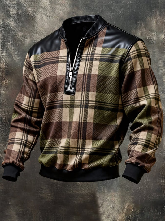 Men's Vintage Color-Block Printed Zip-Up Hoodie
